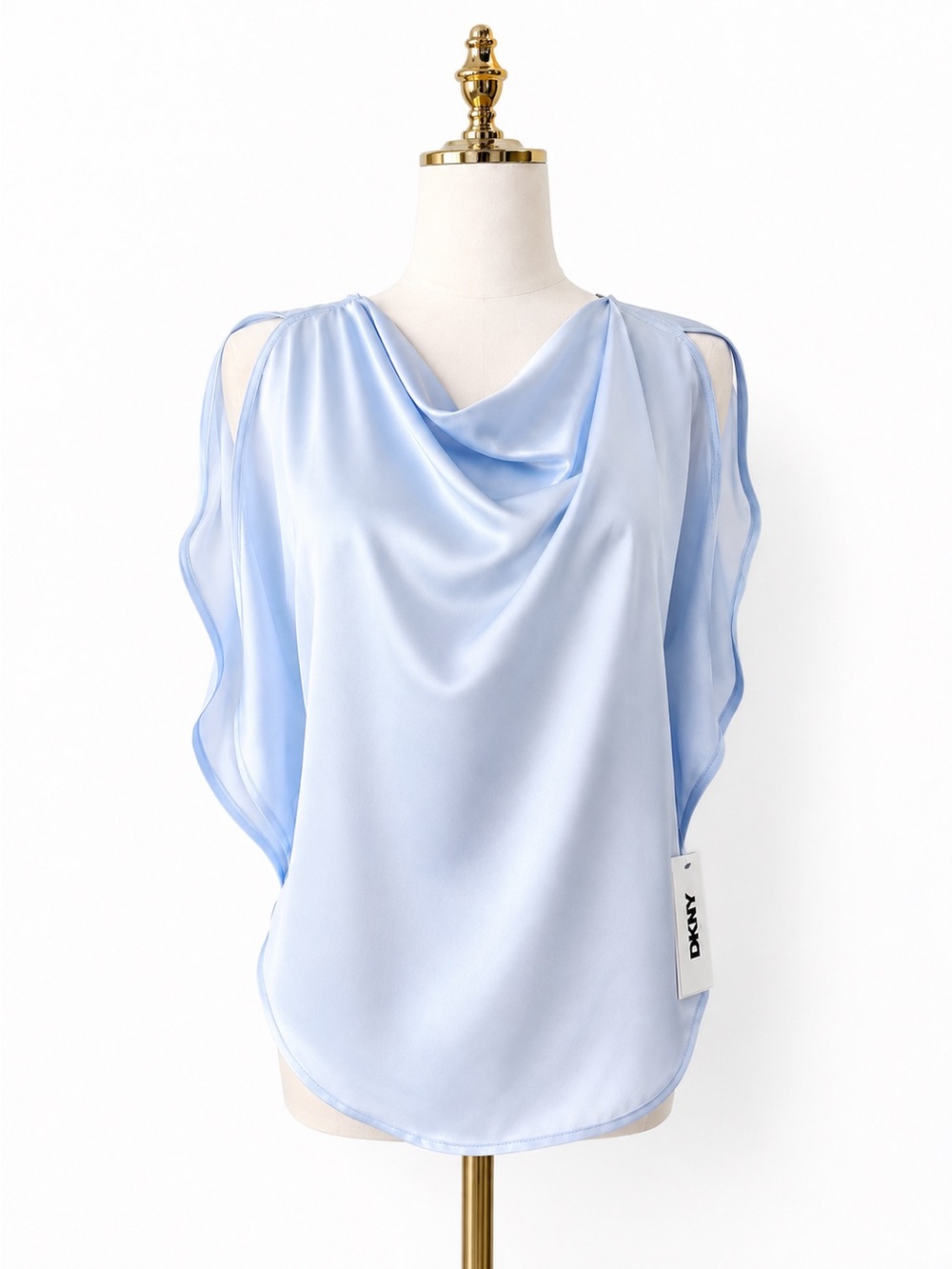 DKNY Pale Blue Satin Cowl Neck Cold-Shoulder Blouse